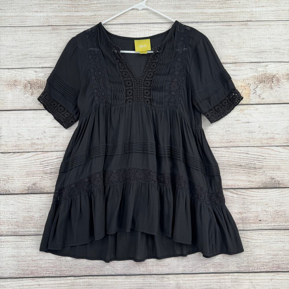 Maeve Anthropologie Crochet V-Neck Blouse Womens Small‎ Black Babydoll